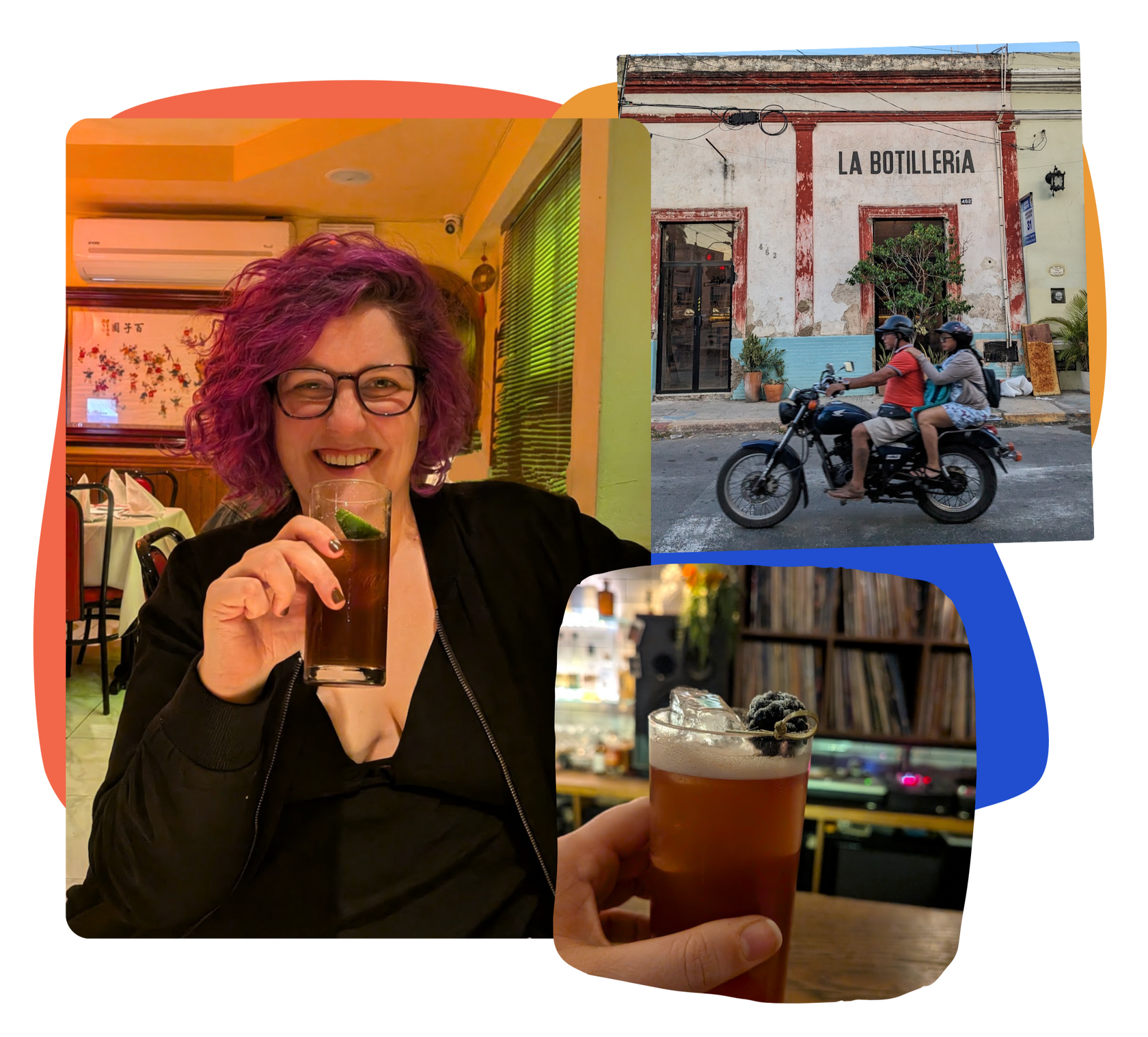 Graphic collage of Caro smiling with a cocktail in hand, a couple on a motorcycle going by a bottle shop somewhere in Latin America, and a hand holding up a cocktail in front of a wall full of records